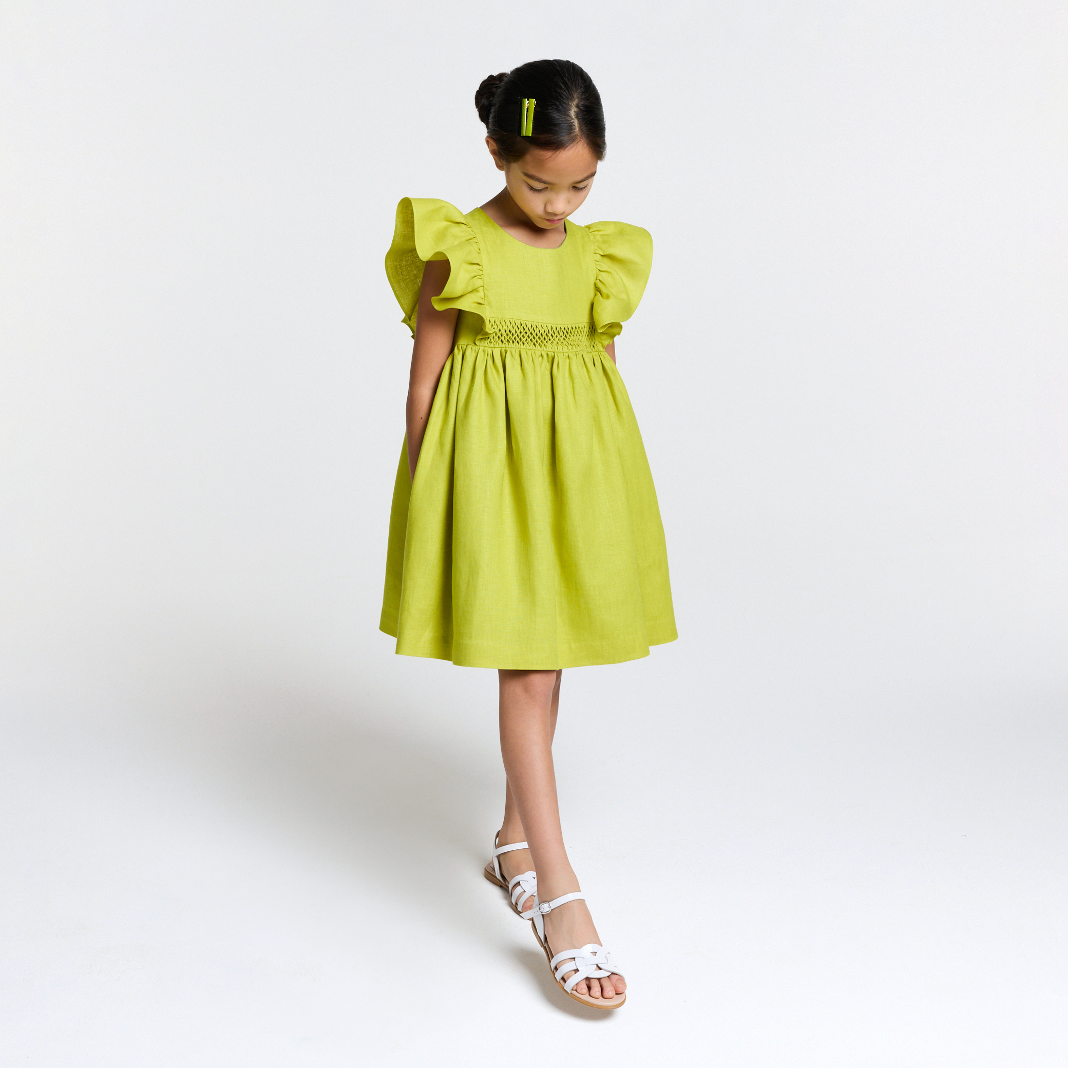 Jacadi - Vestido de cerimónia para menina em linho - VERDE PRÉ