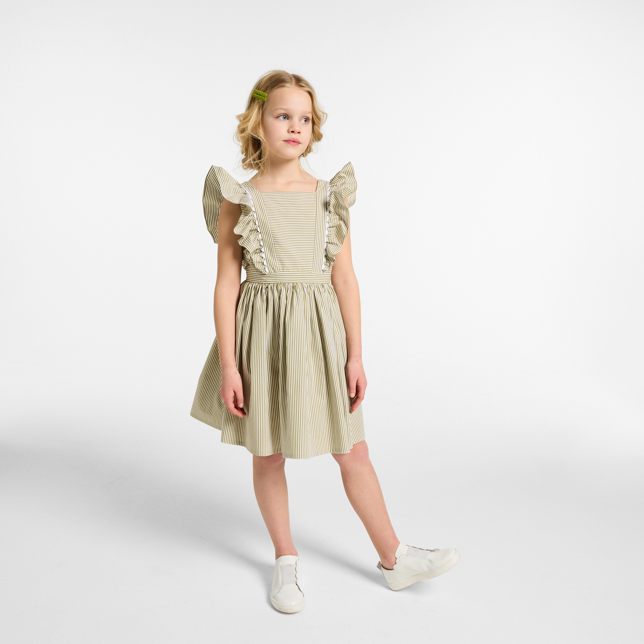 Jacadi - Vestido para menina em popelina às riscas - BRANCO/VERDE