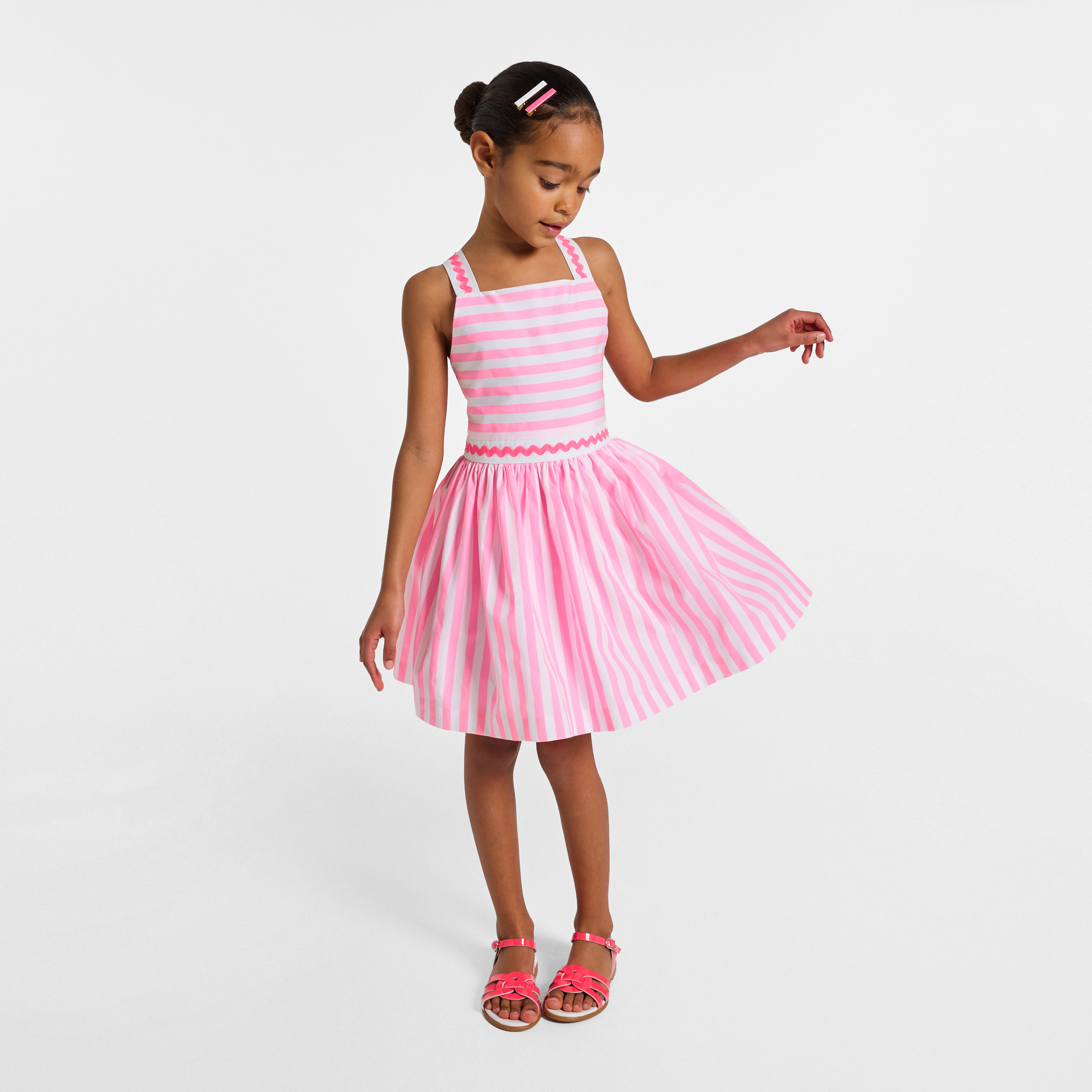 Jacadi - Vestido para menina em popelina às riscas - ROSA/BRANCO