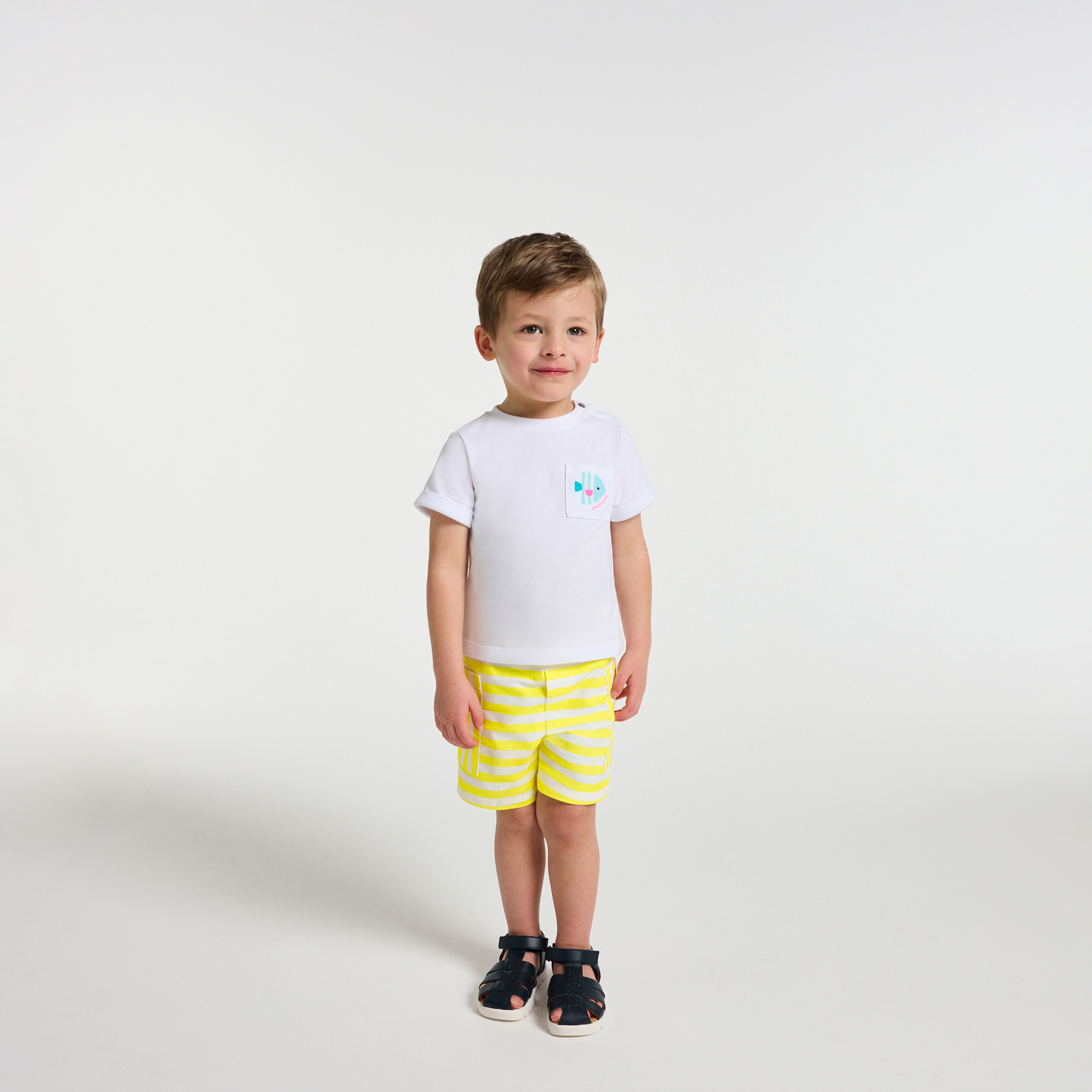 Jacadi - Calções para bebé menino em sarja às riscas - BRANCO/AMARELO