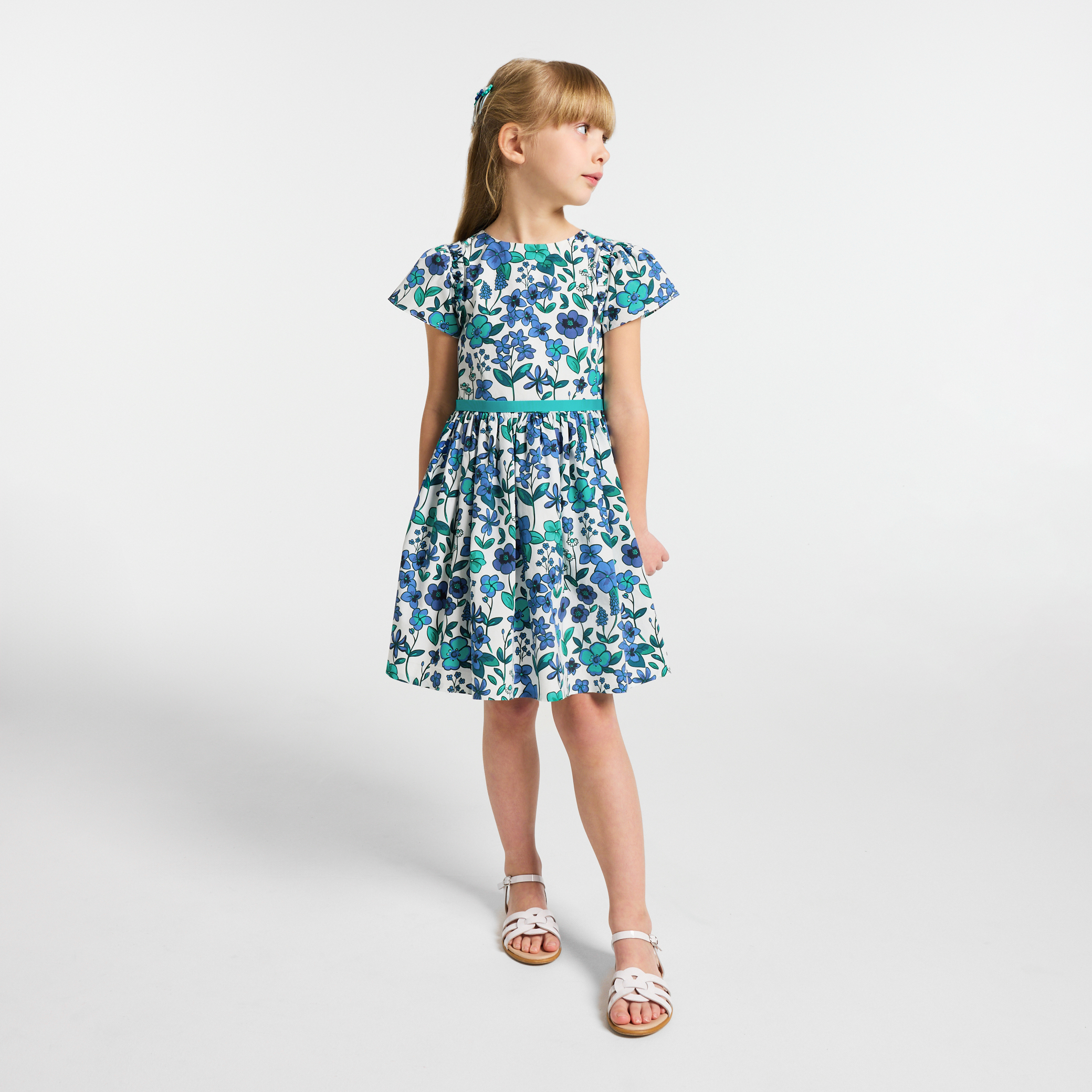 Jacadi - Vestido de menina em popeline com motivos florais - BRANCO/MÚLTICO