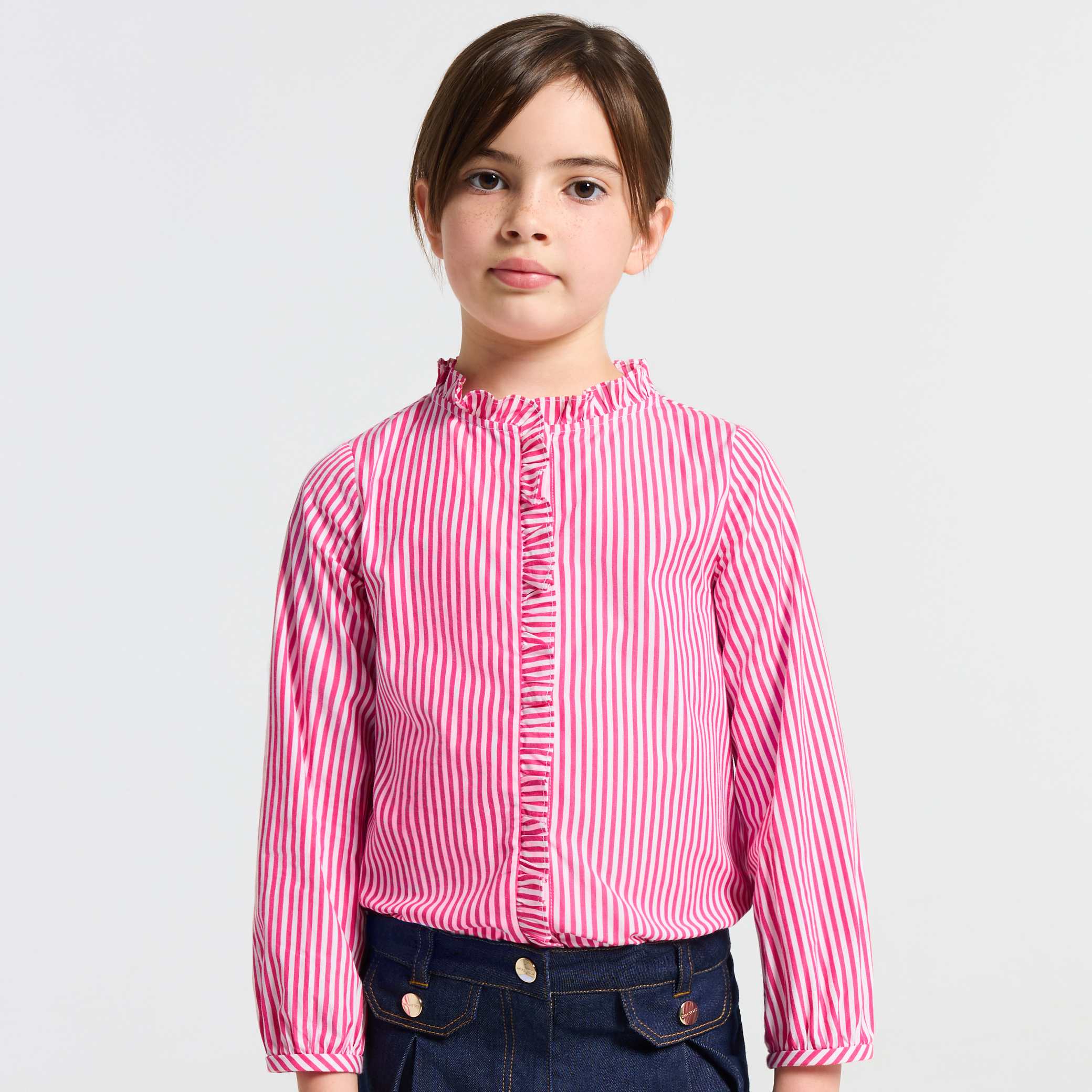 Jacadi - Camisa menina em popelina às riscas - BRANCO/ROSA