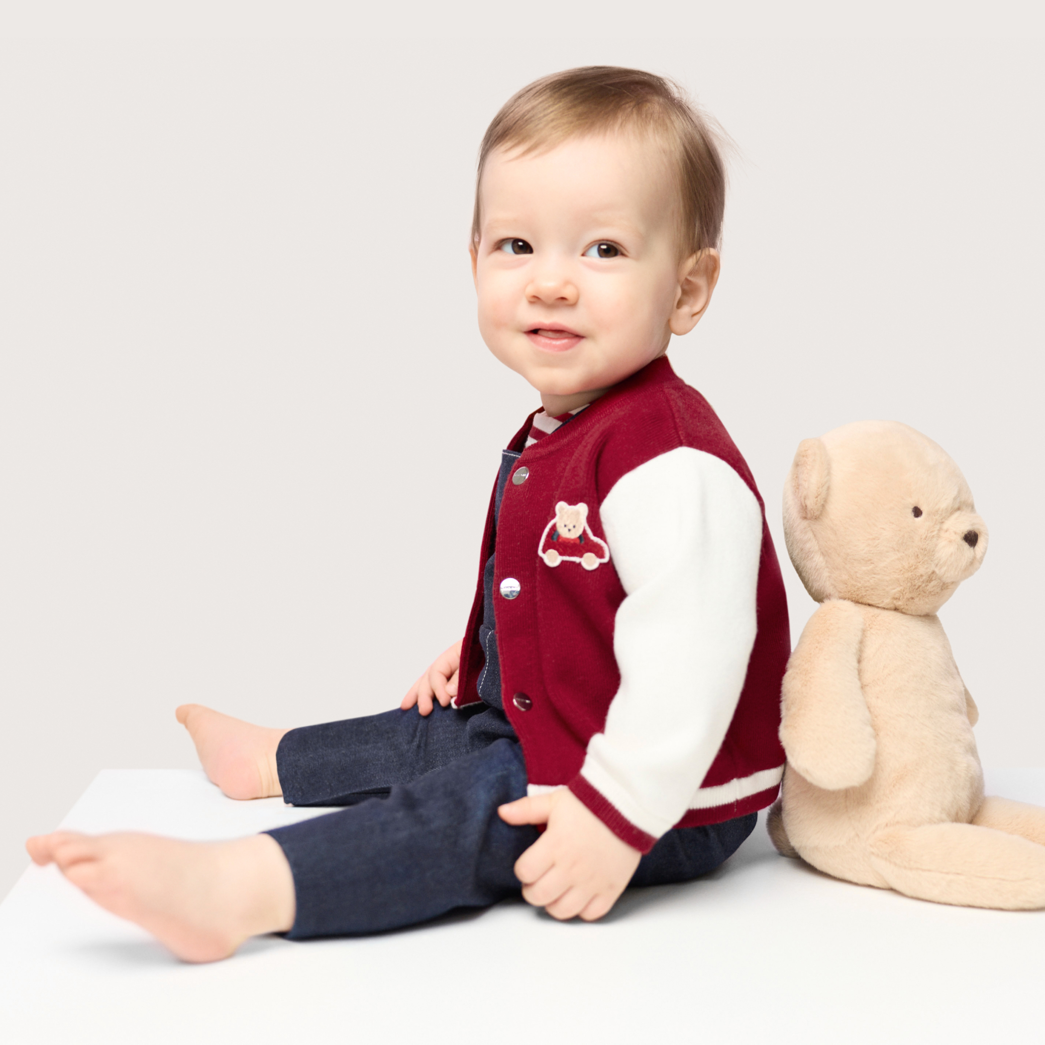 Jacadi - Cardigã de bebé menino em malha estilo teddy - VERMELHO/BRANCO - Presente de nascimento ideal