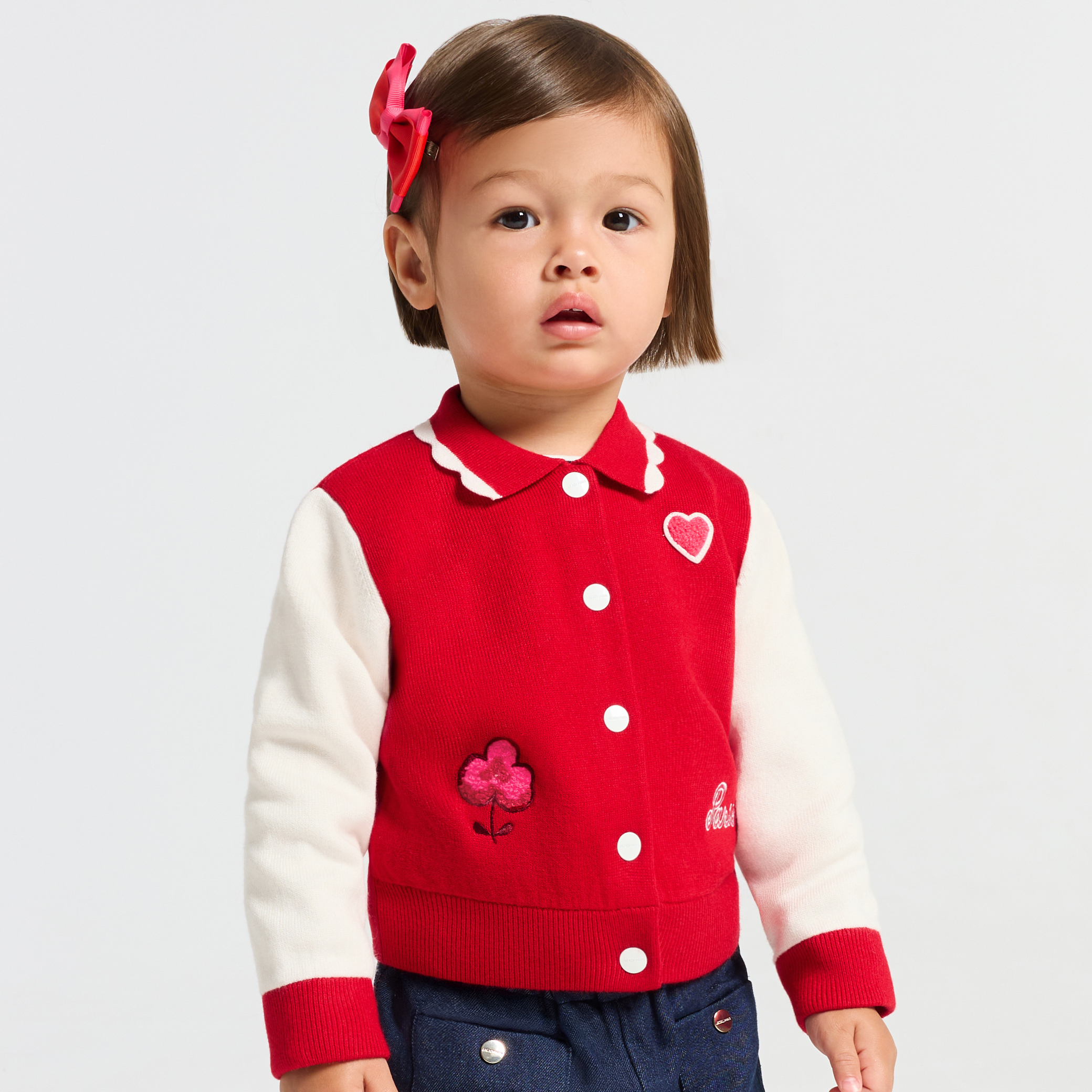 Jacadi - Casaco de malha Teddy bebé menina em tricô - VERMELHO/BRANCO