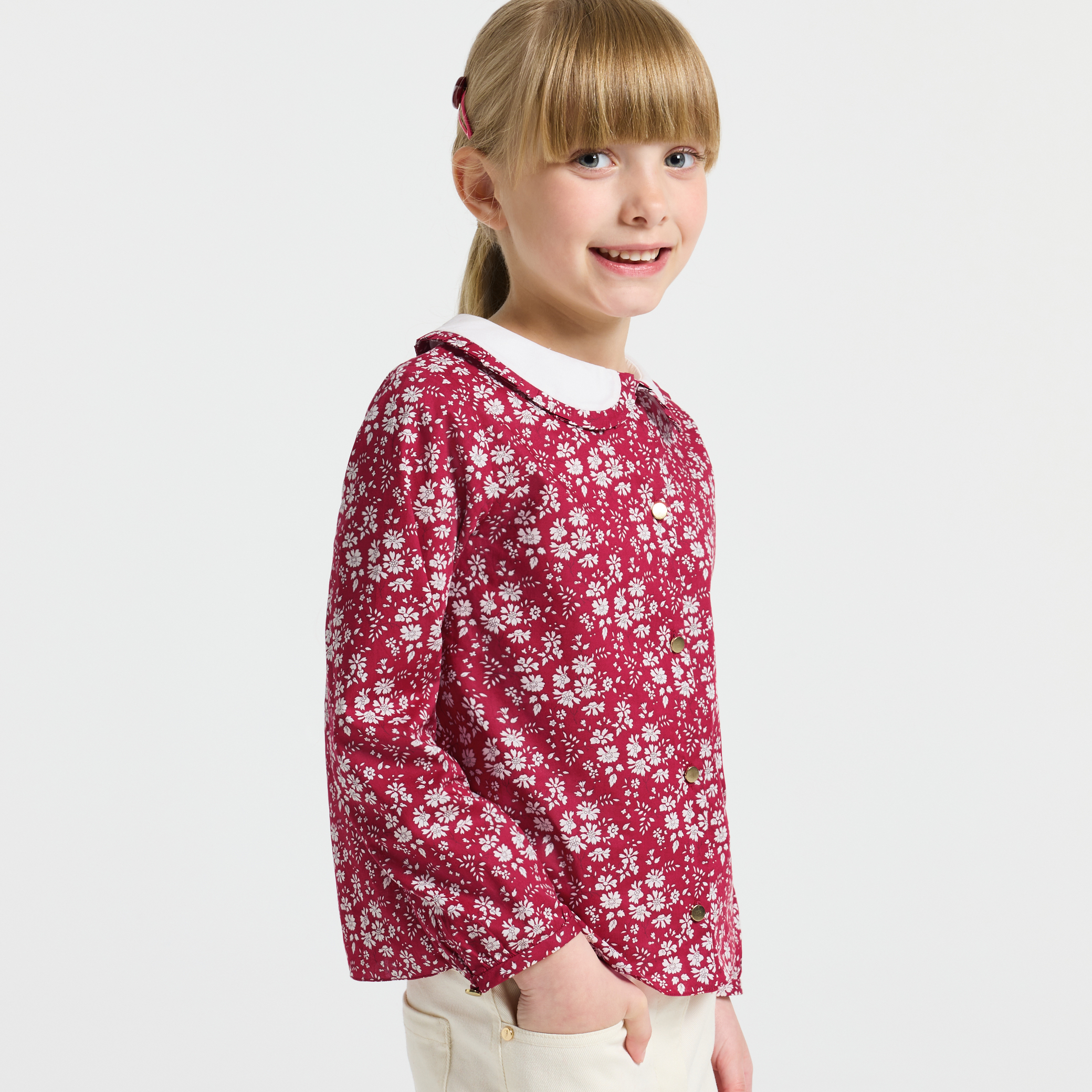 Jacadi - Blusa menina em tecido Liberty - VERMELHO/BRANCO